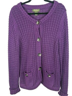 Eddie Bauer Purple Chunky Knit Cardigan Sweater Cotton Angora Blend XL